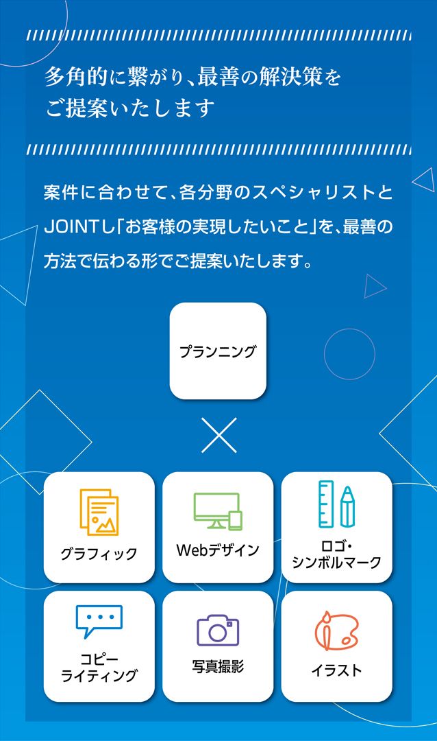 多角的に繋がり最善の解決策をご提案いたします。　案件に合わせて、各分野のスペシャリストとJOINTし「お客様の実現したいこと」を、最善の方法で伝わる形でご提案いたします。